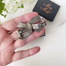 Load image into Gallery viewer, Rare Antique Victorian English Silver Bow Brooch. Henry Ellis 1847 Exeter Hallmarked Brooch, Patented Design, Combe Martin Silver Mine Devon