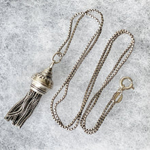 Charger l'image dans la galerie, Antique Victorian Silver Tassel Pendant & Box Chain. Sterling Silver Albertina Charm With Foxtail Chain Dangles. Antique Fob Charm Pendant