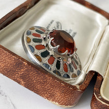 Cargar imagen en el visor de la galería, Victorian Scottish Silver Mixed Agate & Citrine Brooch. Antique Celtic Shield Cairngorm Brooch. Banded Agate, Bloodstone, Carnelian Brooch.