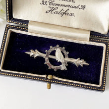 Cargar imagen en el visor de la galería, Antique Edwardian Sweetheart Brooch, Swallow, Ring & Arrow. 1906 Chester Silver Bar Brooch. Romantic Love Token Stock/Tie/Cravat/Lapel Pin