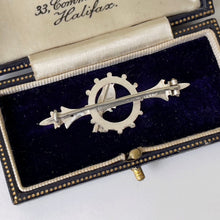 Cargar imagen en el visor de la galería, Antique Edwardian Sweetheart Brooch, Swallow, Ring & Arrow. 1906 Chester Silver Bar Brooch. Romantic Love Token Stock/Tie/Cravat/Lapel Pin