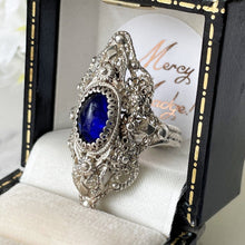 Cargar imagen en el visor de la galería, Antique Victorian Silver Filigree Ring. Paste Sapphire Marquise Ring. Renaissance Revival Baroque Ring. Size US 7/UK N.5/EU 54