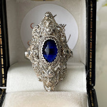 Cargar imagen en el visor de la galería, Antique Victorian Silver Filigree Ring. Paste Sapphire Marquise Ring. Renaissance Revival Baroque Ring. Size US 7/UK N.5/EU 54