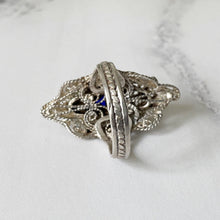 Cargar imagen en el visor de la galería, Antique Victorian Silver Filigree Ring. Paste Sapphire Marquise Ring. Renaissance Revival Baroque Ring. Size US 7/UK N.5/EU 54