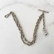 Cargar imagen en el visor de la galería, Victorian Scottish Silver Watch Chain Bracelet. Antique Lovers Knot Albertina Pocket Watch Chain, Castle Fob Charm, T-Bar, Dog Clip, c1883