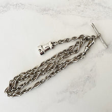 Cargar imagen en el visor de la galería, Victorian Scottish Silver Watch Chain Bracelet. Antique Lovers Knot Albertina Pocket Watch Chain, Castle Fob Charm, T-Bar, Dog Clip, c1883