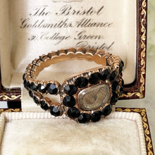 Cargar imagen en el visor de la galería, Antique Georgian 18ct Gold Mourning Ring, Engraved 1815. Gents Stuart Crystal Black Paste Memorial Ring With Hair Compartment. Regency Ring