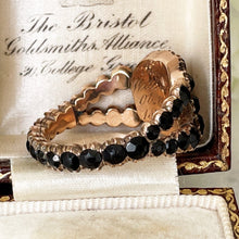 Cargar imagen en el visor de la galería, Antique Georgian 18ct Gold Mourning Ring, Engraved 1815. Gents Stuart Crystal Black Paste Memorial Ring With Hair Compartment. Regency Ring
