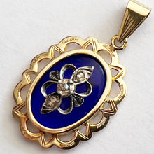 Carica l'immagine nel visualizzatore di Gallery, Antique 14ct Gold, Mine Cut Diamond & Cobalt Blue Glass Pendant. Georgian/Victorian 'Bague Au Firmament' Style Rococo Pendant