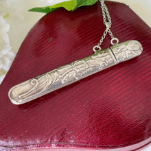 Cargar imagen en el visor de la galería, Vintage Sterling Silver Etui Needle Case Pendant Necklace. Victorian Art Nouveau Style Engraved Iris Silver Chatelaine Accessory