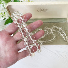 Cargar imagen en el visor de la galería, Antique Glass Bubble Bead Necklace. 1920s Art Deco 40 Inch Long Rope Necklace. Czech Clear Glass Teardrop Bead Necklace With Silver Clasp