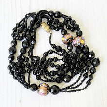 Cargar imagen en el visor de la galería, Antique Art Deco French Jet Sautoir Necklace. Black Venetian Murano Glass & Italian Wedding Cake Beads. Long Flapper Necklace With Tassel