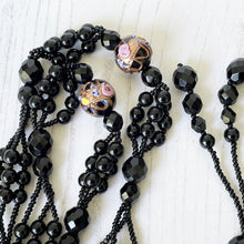Cargar imagen en el visor de la galería, Antique Art Deco French Jet Sautoir Necklace. Black Venetian Murano Glass & Italian Wedding Cake Beads. Long Flapper Necklace With Tassel