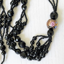 Cargar imagen en el visor de la galería, Antique Art Deco French Jet Sautoir Necklace. Black Venetian Murano Glass & Italian Wedding Cake Beads. Long Flapper Necklace With Tassel