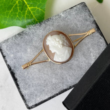 Load image into Gallery viewer, Antique 9ct Gold Bar Brooch. Victorian/Edwardian Cameo Lapel/Stock/Cravat Pin. Neoclassical Carved Shell Cameo Portrait of Flora Brooch