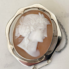 Cargar imagen en el visor de la galería, Antique Edwardian Sterling Silver Cameo Brooch. Large Art Nouveau Silver Cameo. Carved Shell Classical Grecian Maiden Brooch
