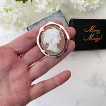 Cargar imagen en el visor de la galería, Antique Edwardian Sterling Silver Cameo Brooch. Large Art Nouveau Silver Cameo. Carved Shell Classical Grecian Maiden Brooch