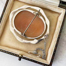 Cargar imagen en el visor de la galería, Antique Edwardian Sterling Silver Cameo Brooch. Large Art Nouveau Silver Cameo. Carved Shell Classical Grecian Maiden Brooch