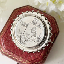 Cargar imagen en el visor de la galería, Antique Victorian Silver Locket Back Brooch. Aesthetic Engraved Crane Sterling Silver Brooch, Photo Compartment. Victorian Japonesque Pin.