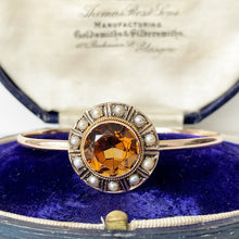 Cargar imagen en el visor de la galería, Antique Scottish Gold, Citrine & Pearl Bracelet Cuff. 9ct Gold Victorian Cairngorm Gemstone Bangle. Etruscan Revival Cuff Bracelet.