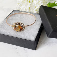Cargar imagen en el visor de la galería, Antique Scottish Gold, Citrine & Pearl Bracelet Cuff. 9ct Gold Victorian Cairngorm Gemstone Bangle. Etruscan Revival Cuff Bracelet.