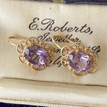 Cargar imagen en el visor de la galería, Victorian 14ct Gold Amethyst Drop Earrings. Antique Gold Filigree Oval Amethyst Dangle Earrings. Purple Gemstone Victorian Jewelry