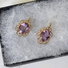 Cargar imagen en el visor de la galería, Victorian 14ct Gold Amethyst Drop Earrings. Antique Gold Filigree Oval Amethyst Dangle Earrings. Purple Gemstone Victorian Jewelry