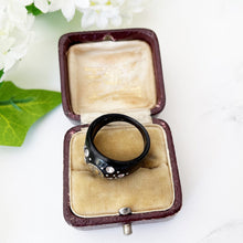 Cargar imagen en el visor de la galería, Antique Victorian Whitby Jet Mourning Ring. Victorian Black Domed Band Ring With Paste Diamonds. Saints Devotional Ring In Antique Box