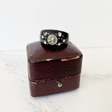 Cargar imagen en el visor de la galería, Antique Victorian Whitby Jet Mourning Ring. Victorian Black Domed Band Ring With Paste Diamonds. Saints Devotional Ring In Antique Box