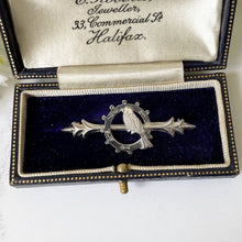 Cargar imagen en el visor de la galería, Antique Edwardian Sweetheart Brooch, Swallow, Ring & Arrow. 1906 Chester Silver Bar Brooch. Romantic Love Token Stock/Tie/Cravat/Lapel Pin