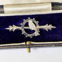 Cargar imagen en el visor de la galería, Antique Edwardian Sweetheart Brooch, Swallow, Ring & Arrow. 1906 Chester Silver Bar Brooch. Romantic Love Token Stock/Tie/Cravat/Lapel Pin