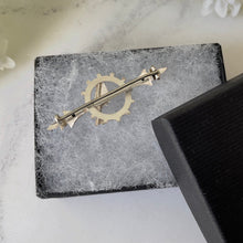 Cargar imagen en el visor de la galería, Antique Edwardian Sweetheart Brooch, Swallow, Ring & Arrow. 1906 Chester Silver Bar Brooch. Romantic Love Token Stock/Tie/Cravat/Lapel Pin