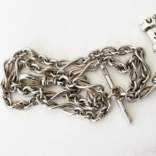 Cargar imagen en el visor de la galería, Victorian Scottish Silver Watch Chain Bracelet. Antique Lovers Knot Albertina Pocket Watch Chain, Castle Fob Charm, T-Bar, Dog Clip, c1883