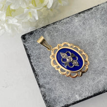 Carica l'immagine nel visualizzatore di Gallery, Antique 14ct Gold, Mine Cut Diamond & Cobalt Blue Glass Pendant. Georgian/Victorian 'Bague Au Firmament' Style Rococo Pendant