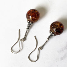 Cargar imagen en el visor de la galería, Vintage Silver Russian Baltic Amber Art Nouveau Style Earrings. Sterling Silver Long Pendant Drop Fiery Amber Earrings, Arts & Crafts Style