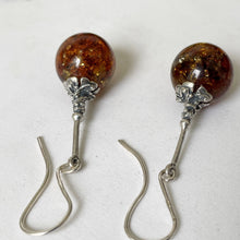 Cargar imagen en el visor de la galería, Vintage Silver Russian Baltic Amber Art Nouveau Style Earrings. Sterling Silver Long Pendant Drop Fiery Amber Earrings, Arts & Crafts Style