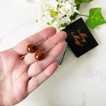 Cargar imagen en el visor de la galería, Vintage Silver Russian Baltic Amber Art Nouveau Style Earrings. Sterling Silver Long Pendant Drop Fiery Amber Earrings, Arts & Crafts Style