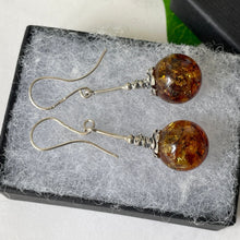 Cargar imagen en el visor de la galería, Vintage Silver Russian Baltic Amber Art Nouveau Style Earrings. Sterling Silver Long Pendant Drop Fiery Amber Earrings, Arts & Crafts Style