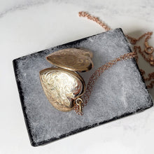 Load image into Gallery viewer, Antique Victorian Rose Gold Heart Locket & Chain. Flower and Fern Engraved Rolled Gold Photo Locket. Large Puffy 2-Photo Locket Necklace