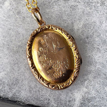 Cargar imagen en el visor de la galería, Antique Victorian 9ct Gold Locket. Engraved Swallow & Rose Sweetheart Locket. Small Gold Oval Gold Locket. Antique Photo Locket.
