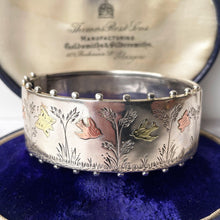 Charger l'image dans la galerie, Antique Victorian Wide Cuff Bracelet. Engraved Birds & Butterfly Silver, Gold Victorian Aesthetic Bangle. Antique English Silver Bracelet.