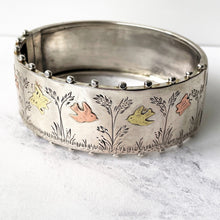 Charger l'image dans la galerie, Antique Victorian Wide Cuff Bracelet. Engraved Birds & Butterfly Silver, Gold Victorian Aesthetic Bangle. Antique English Silver Bracelet.