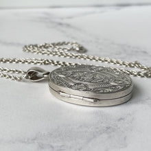 Cargar imagen en el visor de la galería, Antique Victorian Silver Sweetheart Locket and Chain. Hearts, Rose & Ivy Engraved Large Oval Locket. English Sterling Silver Locket Necklace