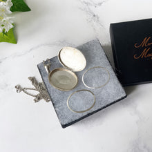 Cargar imagen en el visor de la galería, Antique Victorian Silver Sweetheart Locket and Chain. Hearts, Rose & Ivy Engraved Large Oval Locket. English Sterling Silver Locket Necklace