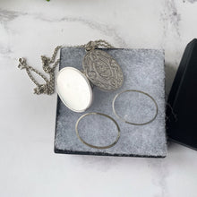 Cargar imagen en el visor de la galería, Antique Victorian Silver Sweetheart Locket and Chain. Hearts, Rose & Ivy Engraved Large Oval Locket. English Sterling Silver Locket Necklace