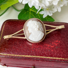Load image into Gallery viewer, Antique 9ct Gold Bar Brooch. Victorian/Edwardian Cameo Lapel/Stock/Cravat Pin. Neoclassical Carved Shell Cameo Portrait of Flora Brooch