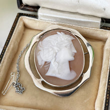 Cargar imagen en el visor de la galería, Antique Edwardian Sterling Silver Cameo Brooch. Large Art Nouveau Silver Cameo. Carved Shell Classical Grecian Maiden Brooch