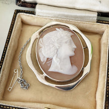 Cargar imagen en el visor de la galería, Antique Edwardian Sterling Silver Cameo Brooch. Large Art Nouveau Silver Cameo. Carved Shell Classical Grecian Maiden Brooch
