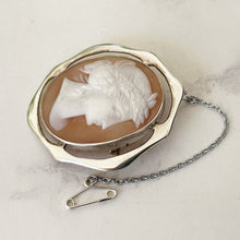 Cargar imagen en el visor de la galería, Antique Edwardian Sterling Silver Cameo Brooch. Large Art Nouveau Silver Cameo. Carved Shell Classical Grecian Maiden Brooch
