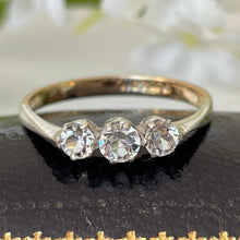Cargar imagen en el visor de la galería, Antique Art Deco 9ct Gold & Paste Diamond Ring. 1920s 3 Stone Trilogy Engagement Ring Size US 7.5/UK P/EU 55. Antique Paste Jewelry